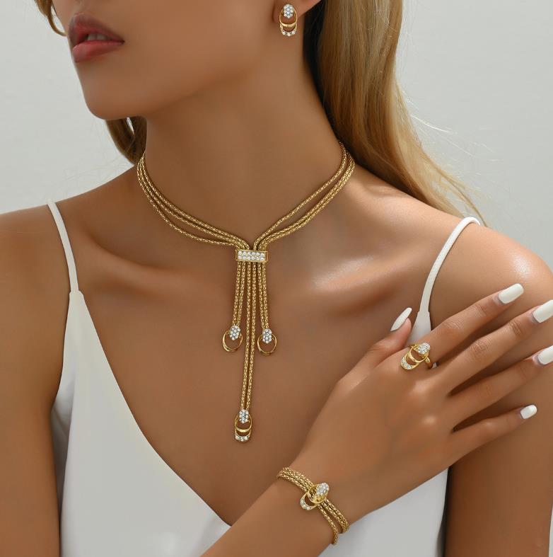 Sixexey Long Choker Jewelry Set Gold Cuban Necklace Earring Y Necklace Jewelry for Women - Premium available at Proxima