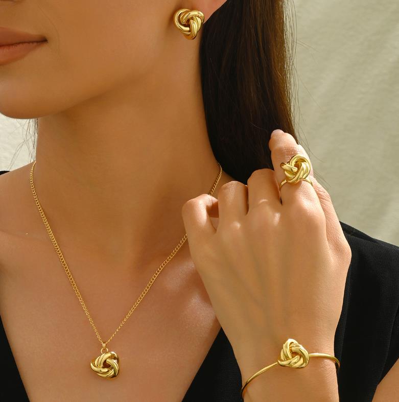 Plated Gold Twisted Chunky Jewelry Set,Minimalist Twist Pendant Necklace Stud Earrings Rings Set,Aesthetic Punk Daily Costume Jewelry Accessories - Premium available at Proxima