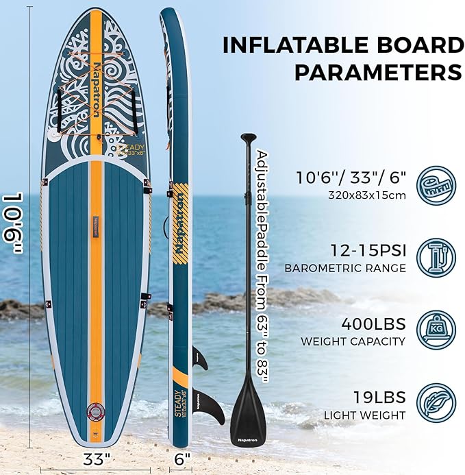 Inflatable Paddle Board, 10'6" Ultra Lightweight SUP with Adjustable Paddle, Anti-Slip Deck, Coiled Leash & Carry Bag, Stable All-Around Stand Up Paddle Board for Adults,Support Go-Pro - Premium available at Proxima